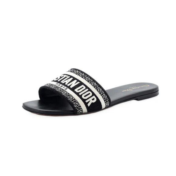 DIOR Dway Embroidered Cotton Flat Slides Sandals Black Women's Size 40 / US 10 - Picture 1 of 7